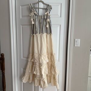 Striped Cream and Blue Ruffle Dress